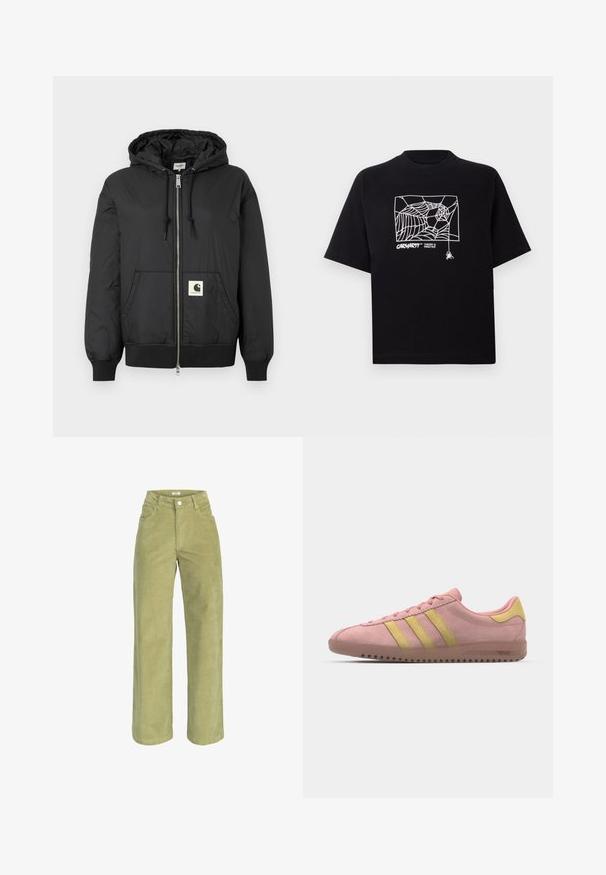 Černá mikina s kapucí, s předním zipem, žebrovanými manžetami a lemem, a čtvercovou nášivkou s logem na dolní části předního dílu. Vyrobena z lehkého, hladkého materiálu.; Černé tričko vyrobené z bavlny s krátkými rukávy. Na přední straně má bílé grafické zobrazení pavučiny a logo. Jednoduchý kulatý výstřih.; Zelené kordové široké kalhoty s vysokým pasem, s předními kapsami a předním zapínáním na knoflík, nabízející jemnou texturu a strukturovaný střih.; Růžové semišové tenisky s třemi žlutými pruhy, kulatou špičkou a texturovanou gumovou podrážkou. Nízký profil s polstrovaným límcem.