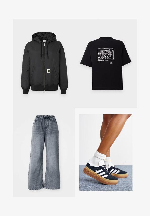 Black hooded jacket with a zip front, ribbed cuffs and hem, and a square logo patch on the lower front. Made from lightweight, smooth fabric.; Black T-shirt made of cotton with short sleeves. Features a white spider web graphic and logo on the front. Simple rounded neckline.; Gray wide-leg denim pants with an elastic waistband, drawstring closure, and side pockets. Faded texture throughout the fabric.; Black suede sneakers with white stripes and accents, rounded toe, gum rubber outsole, paired with white ribbed crew socks.