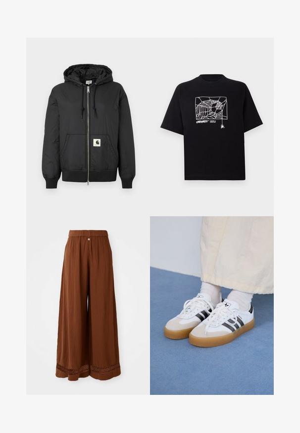 Schwarze Kapuzenjacke mit Reißverschluss, gerippten Bündchen und Saum sowie einem quadratischen Logo-Patch auf der unteren Vorderseite. Hergestellt aus leichtem, glattem Material.; Schwarzes T-Shirt aus Baumwolle mit kurzen Ärmeln. Mit einem weißen Spinnennetz-Graphic und Logo auf der Vorderseite. Einfacher runder Ausschnitt.; Braune weit geschnittene Hosen aus strukturiertem Stoff, mit einem gerafften Bund und Spitzenverzierungen am Saum.; Weiße Sneaker mit schwarzen Streifen und beigen Wildlederakzenten. Besitzen eine strukturierte Gummisohle und flache weiße Schnürsenkel, getragen mit hellen Socken.