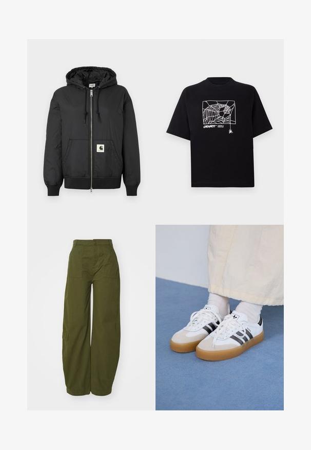 Sort hættejakke med lynlås foran, ribbede manchetter og kant, samt et firkantet logo-patch på den nedre front. Fremstillet af letvægts, glat stof.; Sort T-shirt lavet af bomuld med korte ærmer. Har et hvidt edderkoppespin grafik og logo på fronten. Enkel rund halsudskæring.; Olivengrønne cargo bukser lavet af bomuld, med en bred ben design, forlommer og en knaplukning i livet.; Hvide sneakers med sorte striber og beige ruskindsdetaljer. Har en tekstureret gummisål og flade hvide snørebånd, båret med lyse sokker.