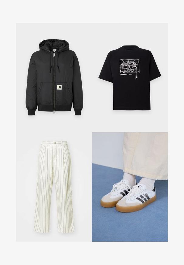 Musta hupullinen takki, jossa on vetskari edessä, ribbireunukset hihansuissa ja helmassa sekä neliölogo-ompelu alaosassa. Valmistettu kevyestä, sileästä kankaasta.; Mustapaita, joka on valmistettu puuvillasta ja jossa on lyhyet hihat. Edessä on valkoinen hämähäkinseittigrafiikka ja logo. Yksinkertainen, pyöreä kaula-aukko.; Valkoiset leveälahkeiset housut, joissa on pystysuorat ruskeat raidat, varustettu napilla suljettavalla vyötäröllä ja etupuolella laskokset lisämuotoilua varten.; Valkoiset tennis kengät, joissa on mustia raitoja ja vaaleanruskeita mokka-yksityiskohtia. Varustettuna textuurilla varustetulla kumipohjalla ja tasaisilla valkoisilla kengännauhoilla, käytetään vaaleiden sukkien kanssa.