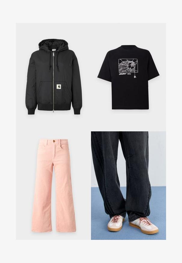 Musta hupullinen takki, jossa on vetskari edessä, ribbireunukset hihansuissa ja helmassa sekä neliölogo-ompelu alaosassa. Valmistettu kevyestä, sileästä kankaasta.; Mustapaita, joka on valmistettu puuvillasta ja jossa on lyhyet hihat. Edessä on valkoinen hämähäkinseittigrafiikka ja logo. Yksinkertainen, pyöreä kaula-aukko.; Vaaleanpunaiset vakosamettihousut, joissa on leveät lahkeet ja ribattu pinta, varustettuina kahdella etutaskulla ja metallinappikiinnityksellä.; Musta, löysä farkkushortsit, joissa on etupuolella ompeluyksityiskohtia, yhdistettynä valkoisiin ja vaaleanpunaisiin tennareihin, joissa on kumipohja ja vaaleanpunaiset nauhat.