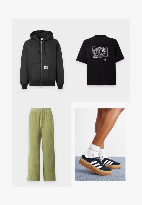 Czarna kurtka z kapturem, zapinana na zamek błyskawiczny, z prążkowanymi mankietami i dolnym hemem oraz kwadratową naszywką z logo z przodu na dole. Wykonana z lekkiego, gładkiego materiału.; Czarna koszulka z krótkim rękawem wykonana z bawełny. Na przodzie znajduje się biały nadruk w kształcie pajęczyny oraz logo. Prosty, zaokrąglony dekolt.; Zielone spodnie sztruksowe o szerokiej nogawce, z elastycznym pasem i detalem w postaci sznurka. Pionowe prążki w tkaninie tworzą teksturę.; Czarne zamszowe trampki z białymi paskami i akcentami, zaokrąglonym noskiem, gumową podeszwą w kolorze jasno-brązowym, zestawione z białymi żebrowanymi skarpetkami do kostki.