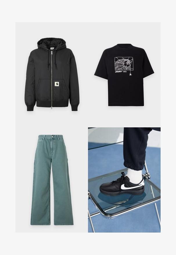 Giacca nera con cappuccio, dotata di zip frontale, polsini e orlo a coste, e una patch logo quadrata nella parte bassa anteriore. Realizzata in tessuto leggero e liscio.; Maglietta nera in cotone con maniche corte. Presenta una grafica e un logo a ragnatela bianca sul davanti. Scollo rotondo semplice.; Pantaloni a gamba larga di colore teal, con vita alta, chiusura a bottone e tasche laterali. Realizzati in un tessuto liscio e resistente.; Sneakers Nike neri con accenti bianchi, caratterizzati da una superficie in pelle liscia, design con lacci e punta rotonda, posizionati su una sedia di vetro.