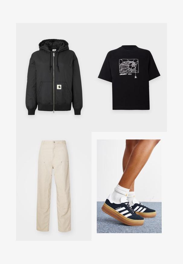 Must mustaga, millel on ees lukk, soonikkoesde ja alumise ääre soonik, ning ruudukujuline logo plaastriga alumises ees. Valmistatud kergest, siledast kangast.; Mustmust särgis, millel on lühikesed varrukad. Esipaneelil on valge ämblikuvõrgu graafika ja logo. Lihtne ümmargune kaelus.; Beez värvi lina püksid, millel on mugav lõige, küljetaskud ja dekoratiivsed õmblused, sujuv vöökoht ning sirged sääred.; Mustad seemisnahast tossud valgete triipude ja detailidega, ümarate varbassosadega, kummist välistallaga, paaritatud valgete soonikuliste meessokkidega.