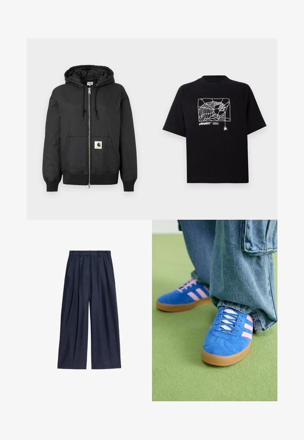 Černá mikina s kapucí, s předním zipem, žebrovanými manžetami a lemem, a čtvercovou nášivkou s logem na dolní části předního dílu. Vyrobena z lehkého, hladkého materiálu.; Černé tričko vyrobené z bavlny s krátkými rukávy. Na přední straně má bílé grafické zobrazení pavučiny a logo. Jednoduchý kulatý výstřih.; Námořnické modré kalhoty s širokými nohavicemi vyrobené z lnu, s vysokým pasem, sklady na přední straně a bočními kapsami pro funkčnost.; Modré semišové boty s růžovými pruhy a bílými tkaničkami, vybavené gumovou podrážkou, spárované s volnými džínovými kalhotami na zeleném povrchu.