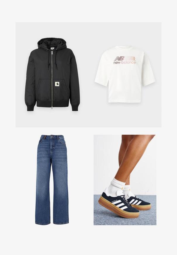Jachetă neagră cu glugă, cu fermoar frontal, manșete și tiv ribbate și un patch pătrat cu logo în partea inferioară din față. Fabricată dintr-un material ușor și neted.; Tricou alb cu mânecă scurtă din bumbac, cu un logo în degrade roz și gri, având textul "new balance" sub logo.; Jeans din denim cu picioare largi, fabricate dintr-un țesătură de bumbac albastră de greutate medie. Prezintă un design clasic cu cinci buzunare și fermoar cu închidere cu buton.; Adidași negri din piele întoarsă cu dungi și accente albe, vârf rotund, talpă de cauciuc gumă, asortați cu șosete albe cu model nervurat.