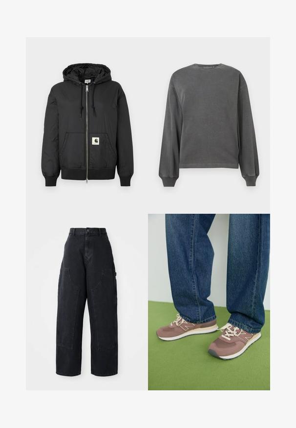 Veste à capuche noire avec fermeture éclair sur le devant, poignets et ourlet côtelés, et un patch logo carré sur le bas à l'avant. Fabriquée en tissu léger et lisse.; Sweatshirt gris à manches longues avec col rond, fabriqué en tissu doux. Présente des poignets côtelés et une coupe décontractée. Design minimaliste, sans motifs.; Pantalons cargo larges en denim noir à taille haute, avec deux grandes poches avant et une fermeture à bouton à la taille. Texture lisse, design décontracté.; Baskets marron et mauve avec des lacets blancs et une semelle beige. Portées avec un jean en denim bleu, sur un fond vert.