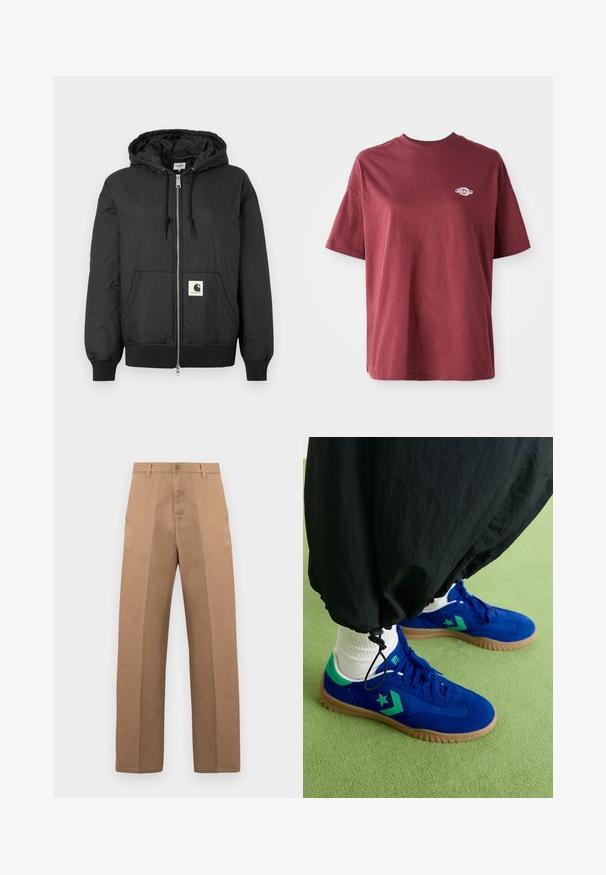 Black hooded jacket with a zip front, ribbed cuffs and hem, and a square logo patch on the lower front. Made from lightweight, smooth fabric.; Maroon cotton t-shirt with a crew neckline, short sleeves, and a small white logo on the left chest area. Smooth texture, relaxed fit.; Brown cotton trousers with a straight leg design, featuring a button closure, belt loops, and minimal seams for a clean look.; Converse RUN STAR TRAINER - Trainers - blue/apex green/egret