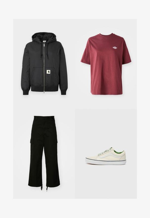 Chaqueta negra con capucha y cremallera en el frente, puños y dobladillo acanalados, y un parche cuadrado con el logotipo en la parte inferior delantera. Hecha de una tela ligera y suave.; Camiseta de algodón burdeos con cuello redondo, mangas cortas y un pequeño logo blanco en el lado izquierdo del pecho. Textura suave, corte relajado.; Pantalones cargo negros de algodón, con piernas anchas, bolsillos laterales y dobladillos con cordón. El diseño incluye un cierre de botón en la cintura.; Zapatilla baja de lona beige con acentos verdes, suela de goma blanca y cordones con patrón. Presenta un diseño de franjas en el costado.
