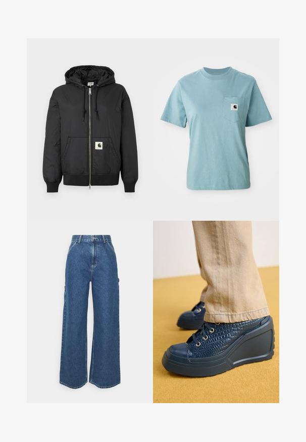 Schwarze Kapuzenjacke mit Reißverschluss, gerippten Bündchen und Saum sowie einem quadratischen Logo-Patch auf der unteren Vorderseite. Hergestellt aus leichtem, glattem Material.; Helles blaues, kurzärmliges Baumwoll-T-Shirt mit Brusttasche, das mit einem kleinen schwarz-weißen Carhartt-Logo-Patch versehen ist.; Weite blaue Denim-Hosen mit hoher Taille, kontrastierenden Nähten und Seitentaschen, ausgestattet mit einem klassischen Five-Pocket-Design und rohen Säumen.; Navy-Wedge-Schuhe aus strukturiertem Krokodilmuster, mit goldenen Ösen und einer Gummispitze, kombiniert mit beigen Stoffhosen.