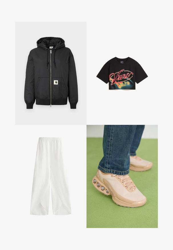 Black hooded jacket with a zip front, ribbed cuffs and hem, and a square logo patch on the lower front. Made from lightweight, smooth fabric.; Vans AFITERBURN RELAXED CROP - Print T-shirt - black; White wide-leg pants made of lightweight fabric with an elastic waistband and side slits for breathability and ease of movement.; Light beige athletic shoes feature a mesh upper, rubber sole, and rounded accents with metallic details. Worn with blue jeans on a green surface.