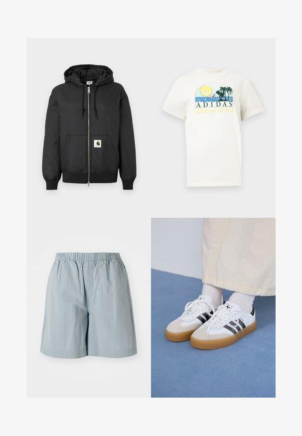 Veste à capuche noire avec fermeture éclair sur le devant, poignets et ourlet côtelés, et un patch logo carré sur le bas à l'avant. Fabriquée en tissu léger et lisse.; T-shirt en coton blanc présentant un design graphique avec un soleil, des palmiers et de l'eau. "ADIDAS Sports Club" imprimé en vert et jaune.; Shorts bleu clair texturés avec une taille élastique, présentant une coupe décontractée et sans poches ni éléments visibles.; Baskets blanches avec des rayures noires et des accents en daim beige. Elles présentent une semelle en gomme texturée et des lacets plats blancs, portées avec des chaussettes claires.