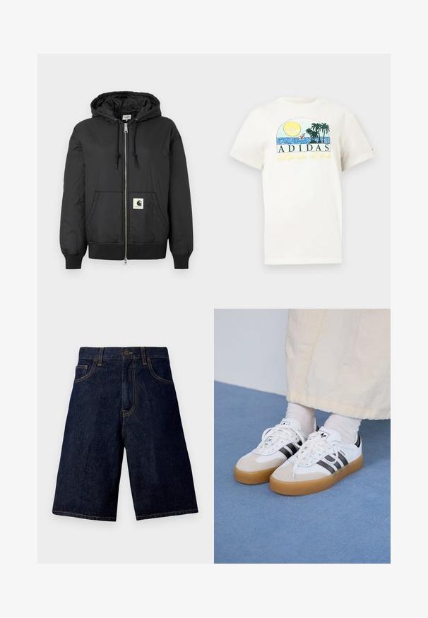 Zwarte hoodiejack met een ritssluiting aan de voorkant, ribbels aan de manchetten en onderrand, en een vierkant logo-patch op de onderzijde van de voorkant. Gemaakt van lichte, gladde stof.; Witte katoenen t-shirt met een grafisch ontwerp van een zon, palmbomen en water. "ADIDAS Sports Club" gedrukt in groen en geel.; Donkerblauwe denim shorts met een rechte snit, voorzien van een klassieke vijf-pocketontwerp en contrasterende gouden stiksels.; Witte sneakers met zwarte strepen en beige suède accenten. Voorzien van een gestructureerde gumzool en platte witte veters, gedragen met lichtgekleurde sokken.