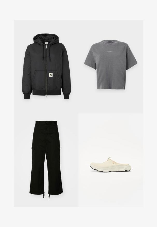 Jachetă neagră cu glugă, cu fermoar frontal, manșete și tiv ribbate și un patch pătrat cu logo în partea inferioară din față. Fabricată dintr-un material ușor și neted.; Tricou scurt cu mâneci scurte, gri, croppat, cu guler rotund și un mic logo alb "carhartt" centrat în față.; Pantaloni cargo negri din bumbac, cu picioare late, buzunare laterale și tivuri cu șnur. Designul include o închidere cu nasture la talie.; Pantofii slip-on din plasă crem, cu o talpă groasă albă și o talpă texturată neagră. Dispun de un mâner la călcâi pentru a fi ușor de încălțat.