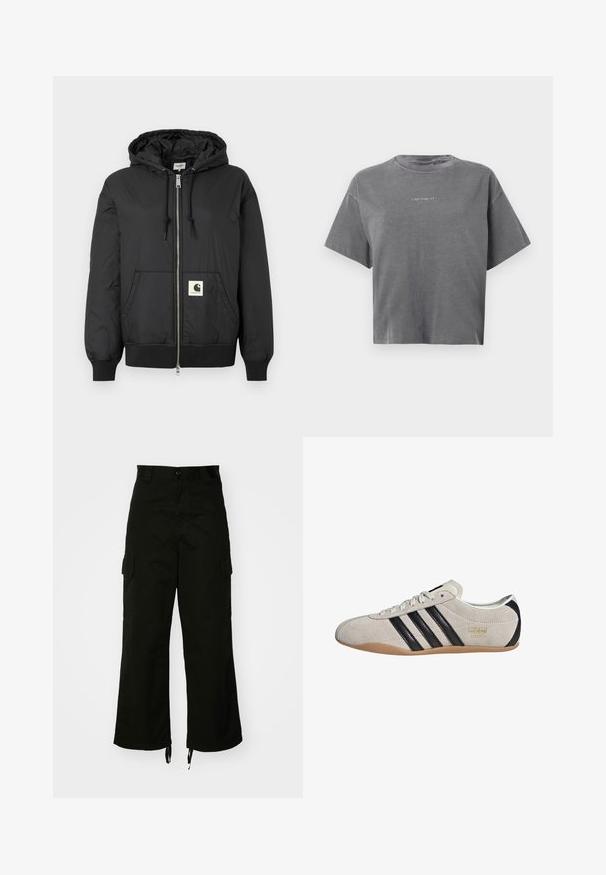 Jachetă neagră cu glugă, cu fermoar frontal, manșete și tiv ribbate și un patch pătrat cu logo în partea inferioară din față. Fabricată dintr-un material ușor și neted.; Tricou scurt cu mâneci scurte, gri, croppat, cu guler rotund și un mic logo alb "carhartt" centrat în față.; Pantaloni cargo negri din bumbac, cu picioare late, buzunare laterale și tivuri cu șnur. Designul include o închidere cu nasture la talie.; Tenisi din suede cu un toc gri, dungi negre și o talpă din cauciuc de tip gumă. Prezintă un sistem de închidere cu șireturi și un detaliu cu logo auriu pe lateral.