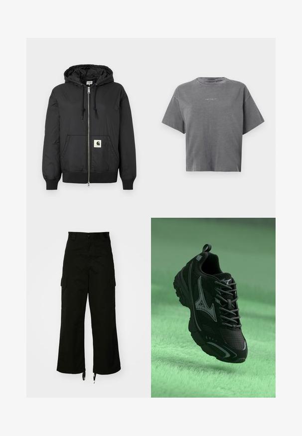 Black hooded jacket with a zip front, ribbed cuffs and hem, and a square logo patch on the lower front. Made from lightweight, smooth fabric.; Gray short-sleeve cropped T-shirt with crew neck and small centered white "carhartt" logo on front.; Black cargo pants made from cotton, featuring wide legs, side pockets, and drawstring hems. The design includes a button closure at the waist.; Black athletic shoe with a textured surface, grey accents, and laces. Features a prominent branded logo and a cushioned sole for support.
