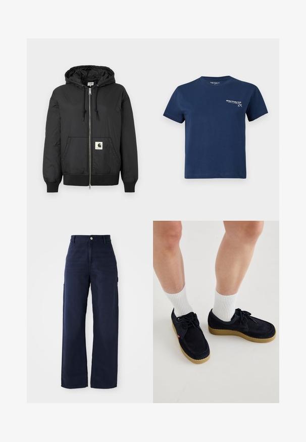 Černá mikina s kapucí, s předním zipem, žebrovanými manžetami a lemem, a čtvercovou nášivkou s logem na dolní části předního dílu. Vyrobena z lehkého, hladkého materiálu.; Námorně modré bavlněné tričko s krátkými rukávy, kulatým výstřihem a bílým logem potištěným na levé přední straně. Jednoduchý design, hladká textura.; Námořnické modré široké cargo kalhoty vyrobené z pevné bavlny, s bočními kapsami a zapínáním na knoflík v pase.; Námořnické modré semišové boty s kulatou špičkou, šněrovacím designem a krémovou gumovou podrážkou. V kombinaci s bílými žebrovanými ponožkami.