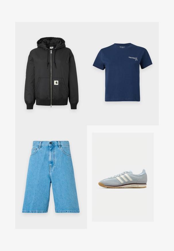 Must mustaga, millel on ees lukk, soonikkoesde ja alumise ääre soonik, ning ruudukujuline logo plaastriga alumises ees. Valmistatud kergest, siledast kangast.; Tumesinine puuvillane T-särk lühikeste varrukatega, ümara kaelusega ja valge logo trükiga vasakul ees. Lihtne disain, sile tekstuur.; Heledad sinised teksashortsid, laia lõikega, millel on vööloopsud, nööbikinnitus ja ees taskud. Kangas on sileda tekstuuriga.; Heledad sinine sametist tennis, millel on valged kolm triipu, kummitald ja tekstureeritud sisu. Tooteomadused hõlmavad sujuvat varbakatet ja brändingut kontsapooles.