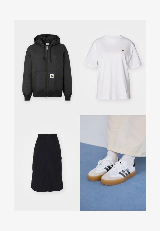 Black hooded jacket with a zip front, ribbed cuffs and hem, and a square logo patch on the lower front. Made from lightweight, smooth fabric.; White cotton t-shirt with a relaxed fit, short sleeves, and a small embroidered logo on the left chest area.; Black midi skirt featuring an elastic waistband, front button closure, and two side cargo pockets. Smooth fabric with a straight cut.; White sneakers with black stripes and beige suede accents. Feature a textured gum sole and flat white laces, worn with light-colored socks.