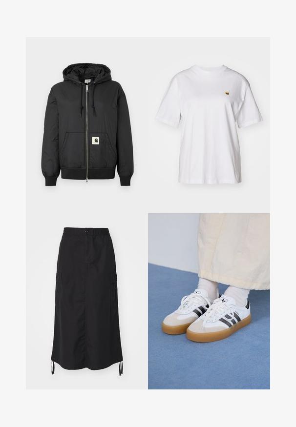 Melns kapuci jaka ar rāvējslēdzēju priekšpuses, ribotām piedurknēm un apakšējo daļu, kā arī kvadrātveida logo uzlīmi apakšējā priekšpusē. Izgatavota no viegla, gluda auduma.; Balta kokvilnas T-kreklā ar brīvu piegriezumu, īsām piedurknēm un mazu izšūtu logotipu kreisajā krūtīs.; Melna vidēja garuma svārki, izgatavoti no viegla auduma. Tiem ir elastīga josta, pogu aizdare un sānu kabatas ar aukliņu akcentiem.; Baltas sporta apavi ar melnām svītrām un beisīgo zamšādu akcentiem. Ievies struktūrētu gumijas zoli un izkārtotas baltas šnerves, valkāti ar gaišiem zeķēm.