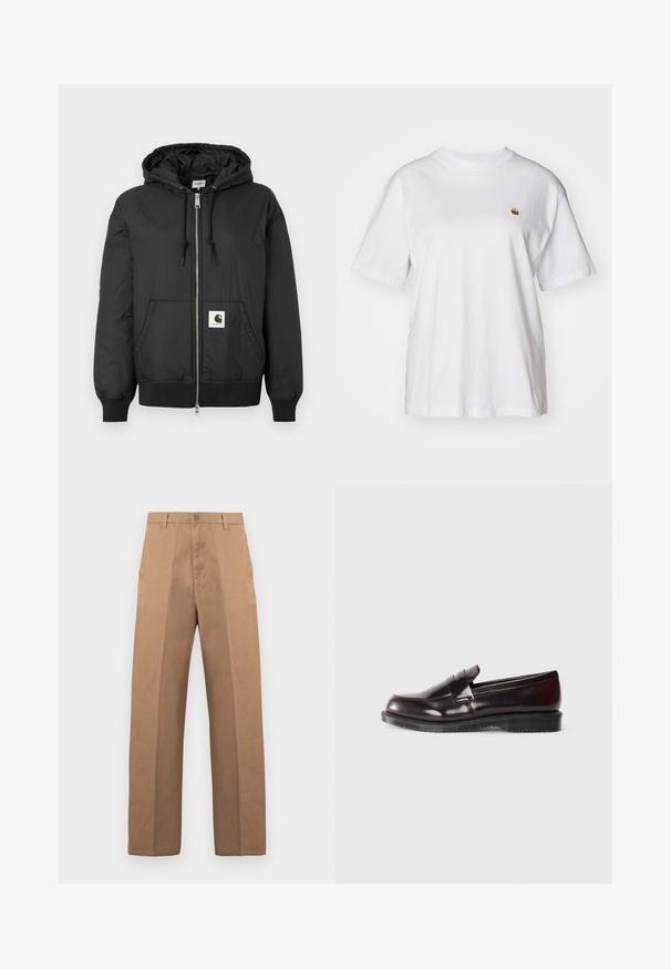 Svart hettejakke med glidelås foran, ribbede mansjetter og hem, samt en firkantet logo-patch nederst foran. Laget av lett og glatt stoff.; Hvit bomulls t-skjorte med avslappet passform, korte ermer og en liten brodert logo på venstre brystområde.; Brune bomullsbukser med rette ben, som har knappelukking, beltehemper og få sømmer for et rent utseende.; Burgunderfargede lærloafers med en glat overflate, hevet sømdetalj og gummisåle. Designet med rund tupp og minimalt med tilbehør.