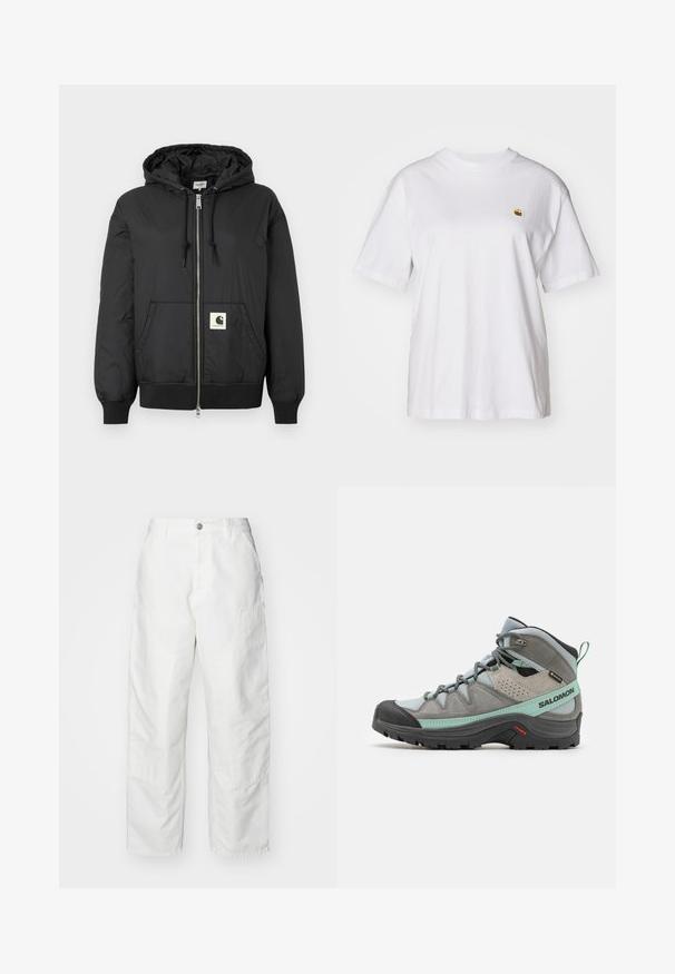 Svart hettejakke med glidelås foran, ribbede mansjetter og hem, samt en firkantet logo-patch nederst foran. Laget av lett og glatt stoff.; Hvit bomulls t-skjorte med avslappet passform, korte ermer og en liten brodert logo på venstre brystområde.; Hvite cargo-bukser laget av denim, med en avslappet passform, sidelommer og synlige sømmer. Enkelt front med knapplukking.; Grå turstøvel med en teksturert lær- og mesh-overdel, svart gummitåhette og mintgrønne detaljer. Har en polstret såle og snøringssystem.