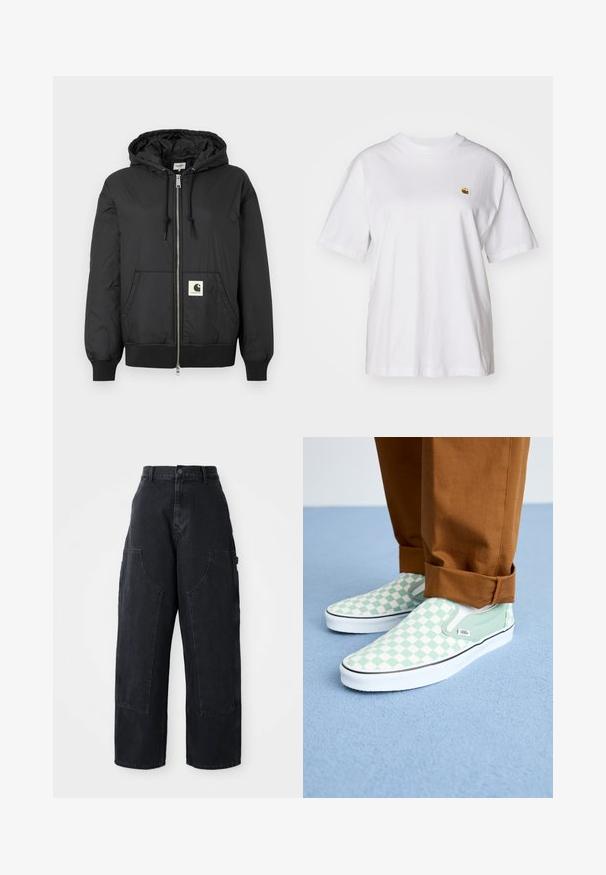 Jachetă neagră cu glugă, cu fermoar frontal, manșete și tiv ribbate și un patch pătrat cu logo în partea inferioară din față. Fabricată dintr-un material ușor și neted.; Tricou alb din bumbac cu o croială lejeră, mâneci scurte și un mic logo brodat în zona stângă a pieptului.; Pantaloni cargo din denim negru, cu croială largă și talie înaltă, două buzunare mari în față și închidere cu nasture la talie. Textură netedă, design casual.; Picioare în pantaloni maro cu mansete, purtând adidași slip-on Vans ciufuliți în verde pastel și alb, pe un covor de culoare albastru deschis.