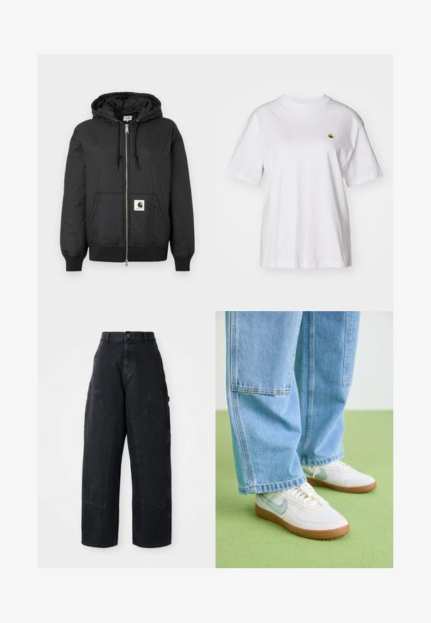 Must mustaga, millel on ees lukk, soonikkoesde ja alumise ääre soonik, ning ruudukujuline logo plaastriga alumises ees. Valmistatud kergest, siledast kangast.; Valge puuvillane T-särk, millel on lõdva lõikega, lühikesed varrukad ja väike broderi logo vasakul rinnakarpi.; Mustad denim laiad sääred cargo püksid kõrge vöökoht, kahe suure ees oleva taskuga ja nööpkinni klõpsuga vöökoht. Sile tekstuur, kõrvaline kujundus.; Valged sneakeserid helesiniste aktsentidega, tekstureeritud võrgupealne ja pruun kummipõhi, koos laiahelistest helesinistest denimidest teksadest.