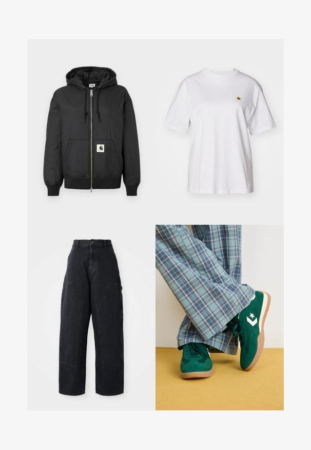 Melns kapuci jaka ar rāvējslēdzēju priekšpuses, ribotām piedurknēm un apakšējo daļu, kā arī kvadrātveida logo uzlīmi apakšējā priekšpusē. Izgatavota no viegla, gluda auduma.; Balta kokvilnas T-kreklā ar brīvu piegriezumu, īsām piedurknēm un mazu izšūtu logotipu kreisajā krūtīs.; Melni denim platā kāju kravātie bikses ar augstu jostas vietu, diviem lieliem priekšējiem kabatām un pogas aizdari jostas vietā. Gluda auduma struktūra, ikdienas dizains.; Zaļi zamšādas apavi ar baltām akcentiem un zvaigznes logotipu, apvienoti ar platām ziliem ruļļiem, novietoti uz dzeltena grīdas.