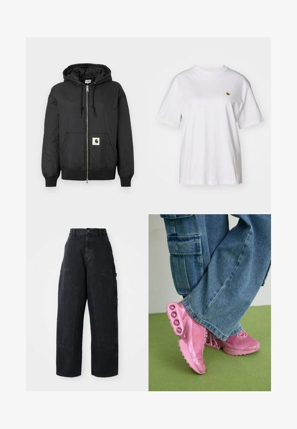 Must mustaga, millel on ees lukk, soonikkoesde ja alumise ääre soonik, ning ruudukujuline logo plaastriga alumises ees. Valmistatud kergest, siledast kangast.; Valge puuvillane T-särk, millel on lõdva lõikega, lühikesed varrukad ja väike broderi logo vasakul rinnakarpi.; Mustad denim laiad sääred cargo püksid kõrge vöökoht, kahe suure ees oleva taskuga ja nööpkinni klõpsuga vöökoht. Sile tekstuur, kõrvaline kujundus.; Roosa sportijalats, millel on võrkpinnaga ülemine osa ja läikivad aksessuaarid, millel on ümardatud pehmenduspadjad taldadel. Kandmine koos laiade teksapükstega.