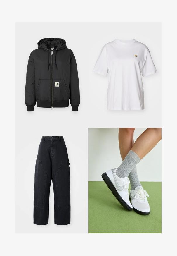 Fekete, kapucnis dzseki, elöl cipzárral, bordázott mandzsettákkal és hempergő aljjal, az alsó elején egy négyzet alakú logóval. Könnyű, sima anyagból készült.; Fehér pamut póló laza szabással, rövid ujjakkal és egy kis hímzett logóval a bal mellrészén.; Fekete, bő szárú, magas derekú farmernadrág, két nagy elülső zsebbel és gombos derékzárral. Simas textúra, hétköznapi dizájn.; Fehér sportcipő szürke részletekkel, fekete gumitalppal és fehér fűzővel, világosszürke bordázott zoknival párosítva, zöld felületen.