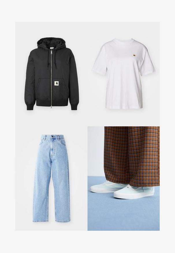 Must mustaga, millel on ees lukk, soonikkoesde ja alumise ääre soonik, ning ruudukujuline logo plaastriga alumises ees. Valmistatud kergest, siledast kangast.; Valge puuvillane T-särk, millel on lõdva lõikega, lühikesed varrukad ja väike broderi logo vasakul rinnakarpi.; Kõrge vöökoht, helesinised teksased sirgete laiade jalgadega, ees nupuvajutus, lukuga sulgemine ning ees ja taga taskud.; Heledad sinised tossud, mille juurde on kombineeritud pruun ja sinine ruuduline laiemate säärtega püksid helesinisel vaibaga põrandal.