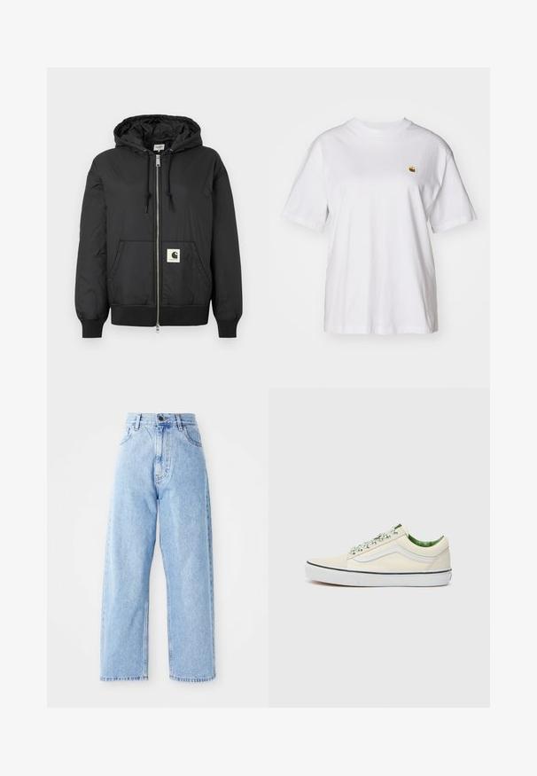 Črna kapučna jakna z zadrgo spredaj, rebrastimi manšetami in robom ter kvadratno logotipno nalepko na spodnjem sprednjem delu. Izdelana iz lahkega, gladkega materiala.; Bela bombažna majica s sproščenim krojem, kratkimi rokavi in majhnim vezenim logotipom na levi strani prsnega predela.; Visoko pasové svetlo modre jeans hlače s ravnimi širokimi nogavicami, sprednjim gumbom, zadrgo in sprednjimi ter zadnjimi žepi.; Bež platneni nizki superge z zelenimi poudarki, belim gumijastim podplatom in vzorčastimi vezalkami. Imajo zasnovo stranskega traku.