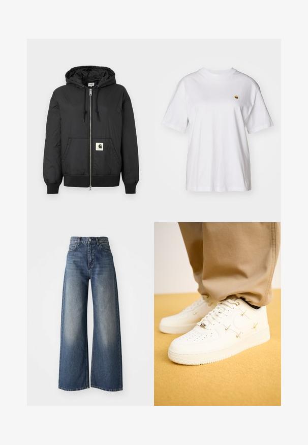 Black hooded jacket with a zip front, ribbed cuffs and hem, and a square logo patch on the lower front. Made from lightweight, smooth fabric.; White cotton t-shirt with a relaxed fit, short sleeves, and a small embroidered logo on the left chest area.; Blue high-waisted wide-leg jeans with front button and pockets, faded texture on thighs and a straight hem.; White leather sneakers with perforated toe, golden accents, and flat laces, paired with beige pants on a textured yellow surface.