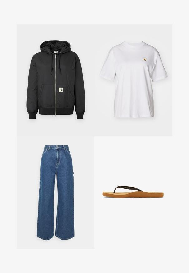 Black hooded jacket with a zip front, ribbed cuffs and hem, and a square logo patch on the lower front. Made from lightweight, smooth fabric.; White cotton t-shirt with a relaxed fit, short sleeves, and a small embroidered logo on the left chest area.; Wide-leg blue denim trousers with a high waist, contrasting stitching, and side pockets, featuring a classic five-pocket design and raw hems.; Brown braided strap flip-flop with a soft sole and tan footbed, featuring a rounded design and textured rubber outsole for traction.