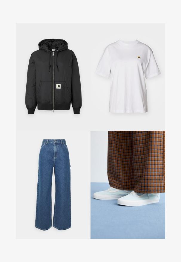 Melns kapuci jaka ar rāvējslēdzēju priekšpuses, ribotām piedurknēm un apakšējo daļu, kā arī kvadrātveida logo uzlīmi apakšējā priekšpusē. Izgatavota no viegla, gluda auduma.; Balta kokvilnas T-kreklā ar brīvu piegriezumu, īsām piedurknēm un mazu izšūtu logotipu kreisajā krūtīs.; Platleņķa zili džinsi ar augstu jostasvietu, kontrastējošām šuvēm un sānu kabatām, ar klasisku piecu kabatu dizainu un neapstrādātiem malām.; Gaiši zili sporta apavi, kas valkāti ar brūniem un ziliem raibajiem platajām biksēm uz gaiši zila paklāja grīdas.