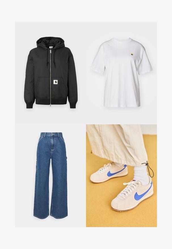 Svart hettejakke med glidelås foran, ribbede mansjetter og hem, samt en firkantet logo-patch nederst foran. Laget av lett og glatt stoff.; Hvit bomulls t-skjorte med avslappet passform, korte ermer og en liten brodert logo på venstre brystområde.; Videbeinete blå denimbukser med høy midje, kontraststing, og sidelommer, med et klassisk fem-lommers design og rå kanter.; Nike Sportswear CORTEZ VINTAGE SUEDE - Joggesko - sanddrift/game royal/muslin/med brown/white