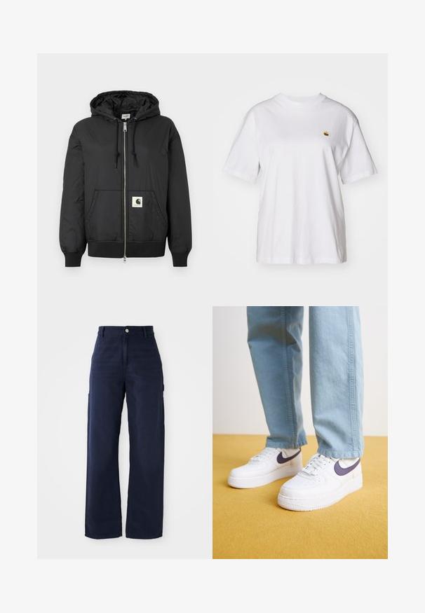 Black hooded jacket with a zip front, ribbed cuffs and hem, and a square logo patch on the lower front. Made from lightweight, smooth fabric.; White cotton t-shirt with a relaxed fit, short sleeves, and a small embroidered logo on the left chest area.; Navy blue wide-leg cargo pants with a sturdy cotton fabric, featuring side pockets and a button closure at the waist.; Nike Sportswear AIR FORCE 1 07 NEXT NATURE - Trainers - white/dark raisin