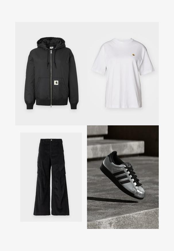Černá mikina s kapucí, s předním zipem, žebrovanými manžetami a lemem, a čtvercovou nášivkou s logem na dolní části předního dílu. Vyrobena z lehkého, hladkého materiálu.; Bílý bavlněný tričko s volným střihem, krátkými rukávy a malým vyšívaným logem na levé části hrudi.; Černé manšestrové cargo kalhoty s širokými nohavicemi, které mají texturované vertikální pruhy, boční kapsy a zapínání na knoflík v pase.; Stříbrná teniska s černou gumovou podrážkou, černými tkaničkami a třemi černými pruhy. Má kovový lesk a klasický design špičky ve tvaru skořápky.