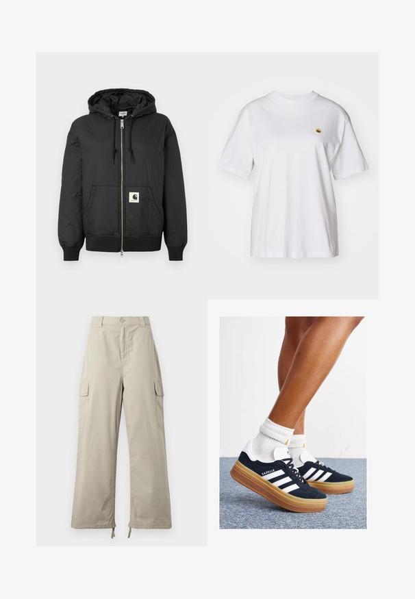 Black hooded jacket with a zip front, ribbed cuffs and hem, and a square logo patch on the lower front. Made from lightweight, smooth fabric.; White cotton t-shirt with a relaxed fit, short sleeves, and a small embroidered logo on the left chest area.; Light beige cargo pants with a relaxed fit, featuring a button closure, side pockets, and adjustable hem with ties. Smooth fabric texture.; Black suede sneakers with white stripes and accents, rounded toe, gum rubber outsole, paired with white ribbed crew socks.