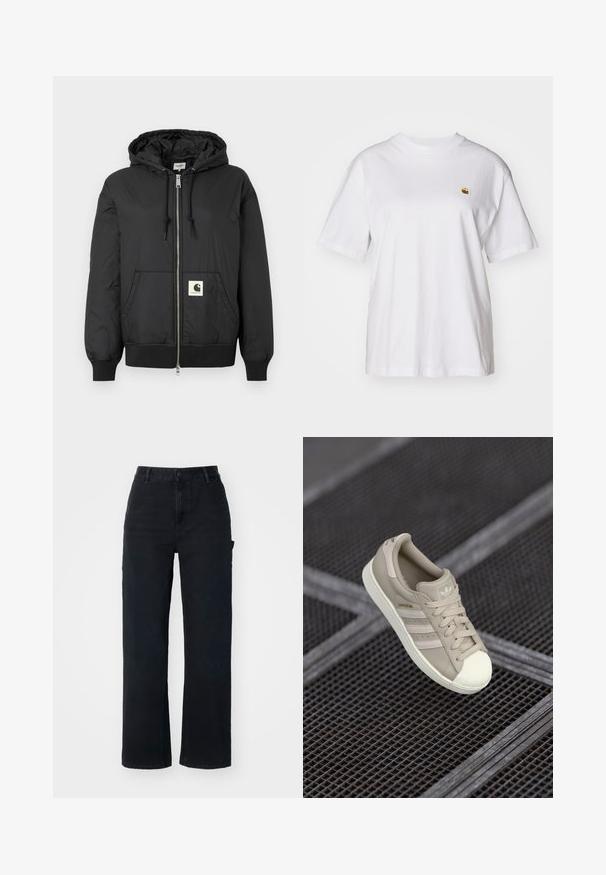 Giacca nera con cappuccio, dotata di zip frontale, polsini e orlo a coste, e una patch logo quadrata nella parte bassa anteriore. Realizzata in tessuto leggero e liscio.; Maglietta in cotone bianco con vestibilità rilassata, maniche corte e un piccolo logo ricamato sul lato sinistro del petto.; Pantaloni in denim nero con design a gamba dritta, caratterizzati da una vita alta, chiusura con bottone standard e tasche laterali.; Sneaker beige Adidas Superstar con superiore in pelle testurizzata, tre strisce laterali, punta rotonda e logo sulla linguetta e sul tallone.