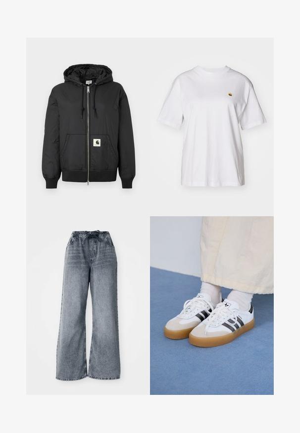 Chaqueta negra con capucha y cremallera en el frente, puños y dobladillo acanalados, y un parche cuadrado con el logotipo en la parte inferior delantera. Hecha de una tela ligera y suave.; Camisa de algodón blanca con corte relajado, mangas cortas y un pequeño logotipo bordado en el área del pecho izquierdo.; Pantalones de mezclilla gris de pierna ancha con cintura elástica, cierre de cordón y bolsillos laterales. Textura deslavada en toda la tela.; Zapatillas blancas con rayas negras y acentos de ante beige. Cuentan con una suela de goma texturizada y cordones blancos planos, usadas con calcetines de color claro.