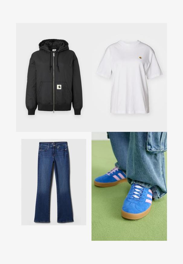 Fekete, kapucnis dzseki, elöl cipzárral, bordázott mandzsettákkal és hempergő aljjal, az alsó elején egy négyzet alakú logóval. Könnyű, sima anyagból készült.; Fehér pamut póló laza szabással, rövid ujjakkal és egy kis hímzett logóval a bal mellrészén.; Sötétkék farmer bővülő nadrág öt zsebe van, gombos zipzárral, és varrási részletekkel a derékpánton és a zsebeknél. Simább anyagú.; Kék velúr cipők rózsaszín csíkokkal és fehér fűzővel, gumiból készült talppal, laza farmernadrággal egy zöld felületen.