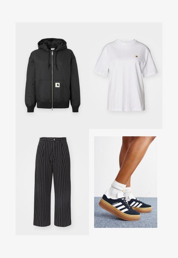 Sort hættejakke med lynlås foran, ribbede manchetter og kant, samt et firkantet logo-patch på den nedre front. Fremstillet af letvægts, glat stof.; Hvid bomulds-t-shirt med en afslappet pasform, korte ærmer og et lille broderet logo på venstre brystområde.; Sorte stribede bukser med bred benvidde og høj talje, der har en frontknaplukning og en subtil tekstureret stof.; Sorte sneakers i ruskind med hvide striber og detaljer, rundet tå, ydersål i gummi, kombineret med hvide ribstrikkede crew sokker.