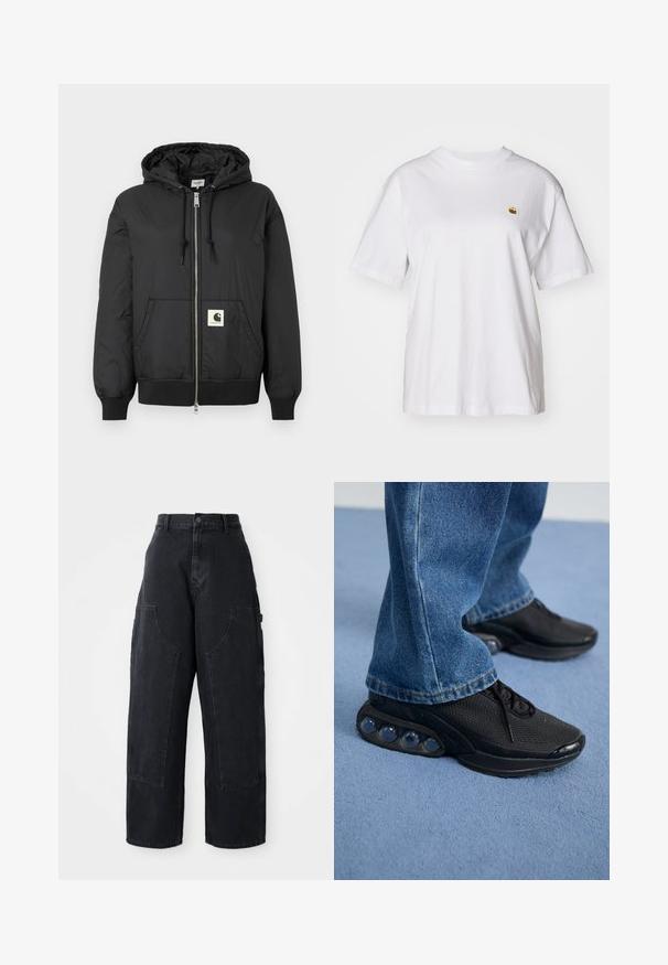 Čierna kapucňa s predným zipsom, rebrovanými manžetami a lemom, a štvorcovou logo nášivkou na dolnej časti prednej strany. Vyrobené z ľahkej, hladkej tkaniny.; Biely bavlnený tričko s voľným strihom, krátkymi rukávmi a malým vyšitým logom na ľavej strane hrude.; Čierne denimové široké nohavice s vysokým pásom, dvoma veľkými prednými vreckami a gombíkovým zapínaním na páse. Hladká textúra, ležérny dizajn.; Čierne atletické tenisky s vrchným materiálom z elastického sieťového textilu, s textúrovanými akcentmi a viditeľnými vzduchovými podložkami v podrážke. Nosené s modrými džínsami.