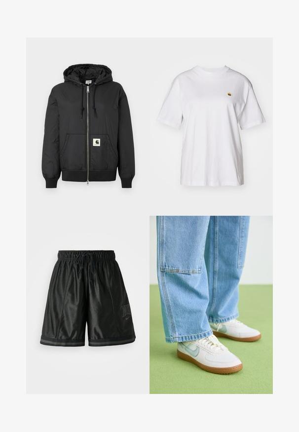 Svart hettejakke med glidelås foran, ribbede mansjetter og hem, samt en firkantet logo-patch nederst foran. Laget av lett og glatt stoff.; Hvit bomulls t-skjorte med avslappet passform, korte ermer og en liten brodert logo på venstre brystområde.; Sorte idrettsshorts med elastisk midje, snor og flatlocksømmer. Inkluderer en tonet Nike-logo og kontrasterende stripete detaljer.; Hvite sneakers med lyseblå detaljer, teksturert mesh-overdel og tan gummisåle, sammen med løse lyseblå denimjeans.