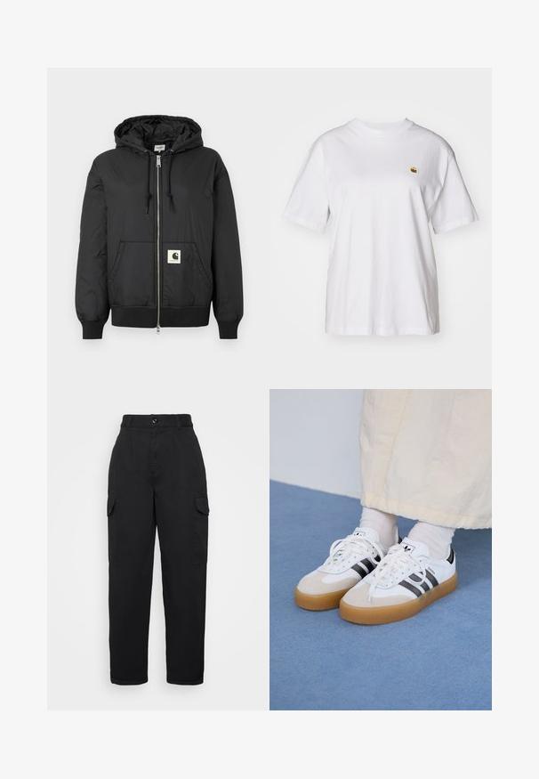 Melns kapuci jaka ar rāvējslēdzēju priekšpuses, ribotām piedurknēm un apakšējo daļu, kā arī kvadrātveida logo uzlīmi apakšējā priekšpusē. Izgatavota no viegla, gluda auduma.; Balta kokvilnas T-kreklā ar brīvu piegriezumu, īsām piedurknēm un mazu izšūtu logotipu kreisajā krūtīs.; Melnas bikses ar augsto jostasvietu, priekšējām krokām, divām sānu kabatām un brīvu piegriezumu, izgatavotas no izturīga auduma ar gludu faktūru.; Baltas sporta apavi ar melnām svītrām un beisīgo zamšādu akcentiem. Ievies struktūrētu gumijas zoli un izkārtotas baltas šnerves, valkāti ar gaišiem zeķēm.