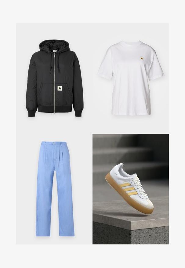 Giacca nera con cappuccio, dotata di zip frontale, polsini e orlo a coste, e una patch logo quadrata nella parte bassa anteriore. Realizzata in tessuto leggero e liscio.; Maglietta in cotone bianco con vestibilità rilassata, maniche corte e un piccolo logo ricamato sul lato sinistro del petto.; Pantaloni in lino azzurro chiaro con fronte plissettato, vita alta e design a gamba dritta. Presentano una chiusura con bottone in vita.; Sneaker in pelle bianca con accenti gialli, tre strisce e suola in gomma color naturale. Presenta una punta arrotondata e una linguetta testurizzata.