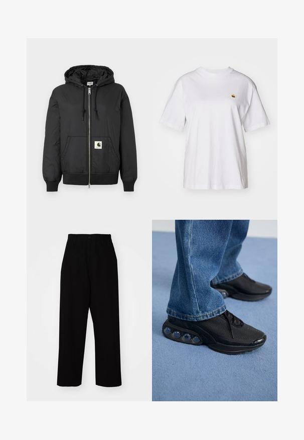 Melns kapuci jaka ar rāvējslēdzēju priekšpuses, ribotām piedurknēm un apakšējo daļu, kā arī kvadrātveida logo uzlīmi apakšējā priekšpusē. Izgatavota no viegla, gluda auduma.; Balta kokvilnas T-kreklā ar brīvu piegriezumu, īsām piedurknēm un mazu izšūtu logotipu kreisajā krūtīs.; Melni bikses, izgatavotas no izturīga kokvilnas auduma. Tām ir taisna kāju forma, jostas cilpas, pogas aizdare un tīra apmale.; Melnas sporta kedas ar sietu augšdaļu, teksturētām akcentiem un redzamajām gaisa amortizācijas podiem zolei. Valkātas ar zilu džinsu biksēm.